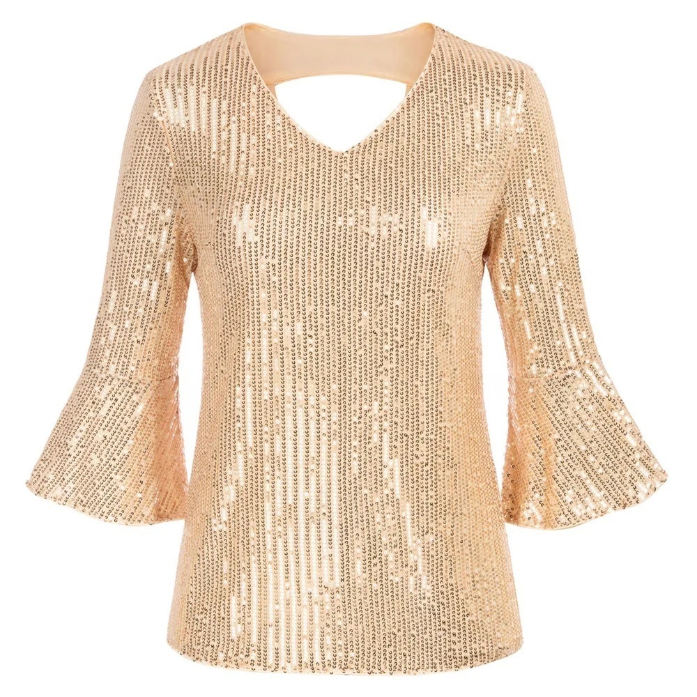 Grace Karin Cream Sequin V-Neck Blouse, Cut Out Back & 3/4 Bell Sleeves, 2XL NWT